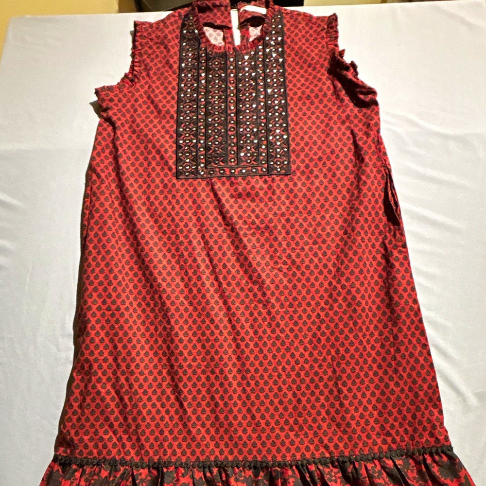 Khaadi Womens Red Black Block Print Mirror Embroidered Drop Waist Midi Dress M